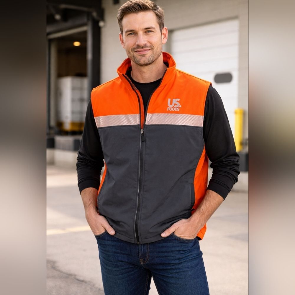 US Foods high-visibility safety vest Men 2X Fleece Orange Gray Reflective Zip